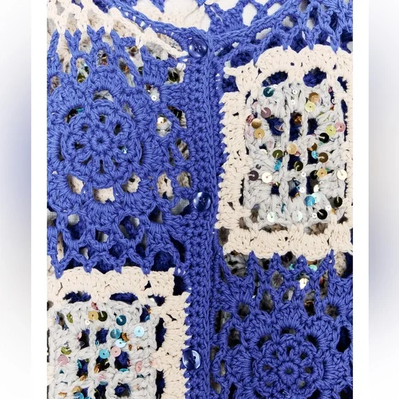 Zara Sequin Crochet Jacket Cardigan Blue / cream NWT - Picture 7 of 7